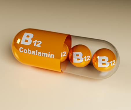 vitamin b12 vitamin b12 text on globules 3d illustration
