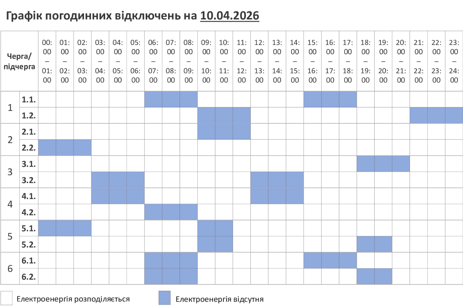 Графік погодинних відключень світла на п'ятницю, 10 квітня