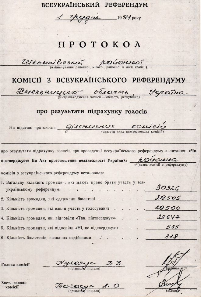 Протокол окружної виборчої дільниці по Шепетівському району щодо голосування шепетівчан під час Референдуму.