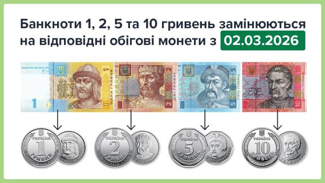 Банкнотами номіналом 1, 2, 5 та 10 гривень більше не можна буде розрахуватися