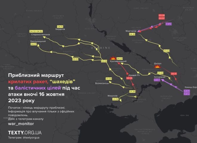 Приблизні маршрути ворожих цілей під час атаки уночі 16 жовтня. 